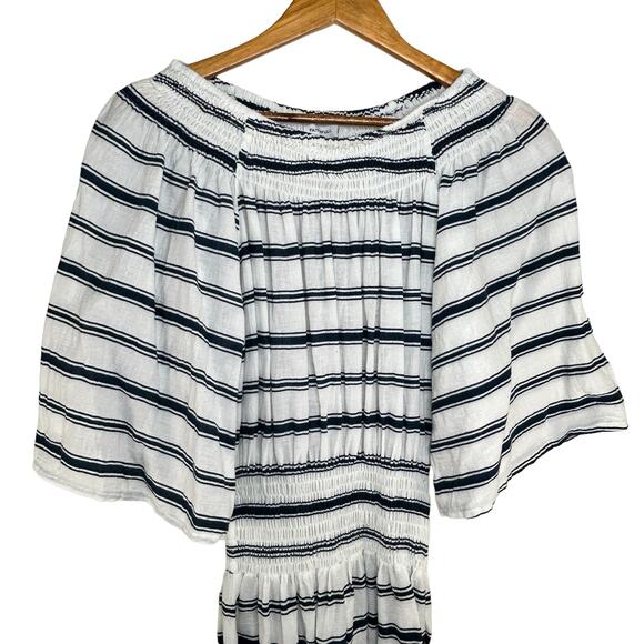Faithfull the Brand White Navy Striped Off the Shoulder Mini Dress SZ 2 Coastal - Picture 4 of 12